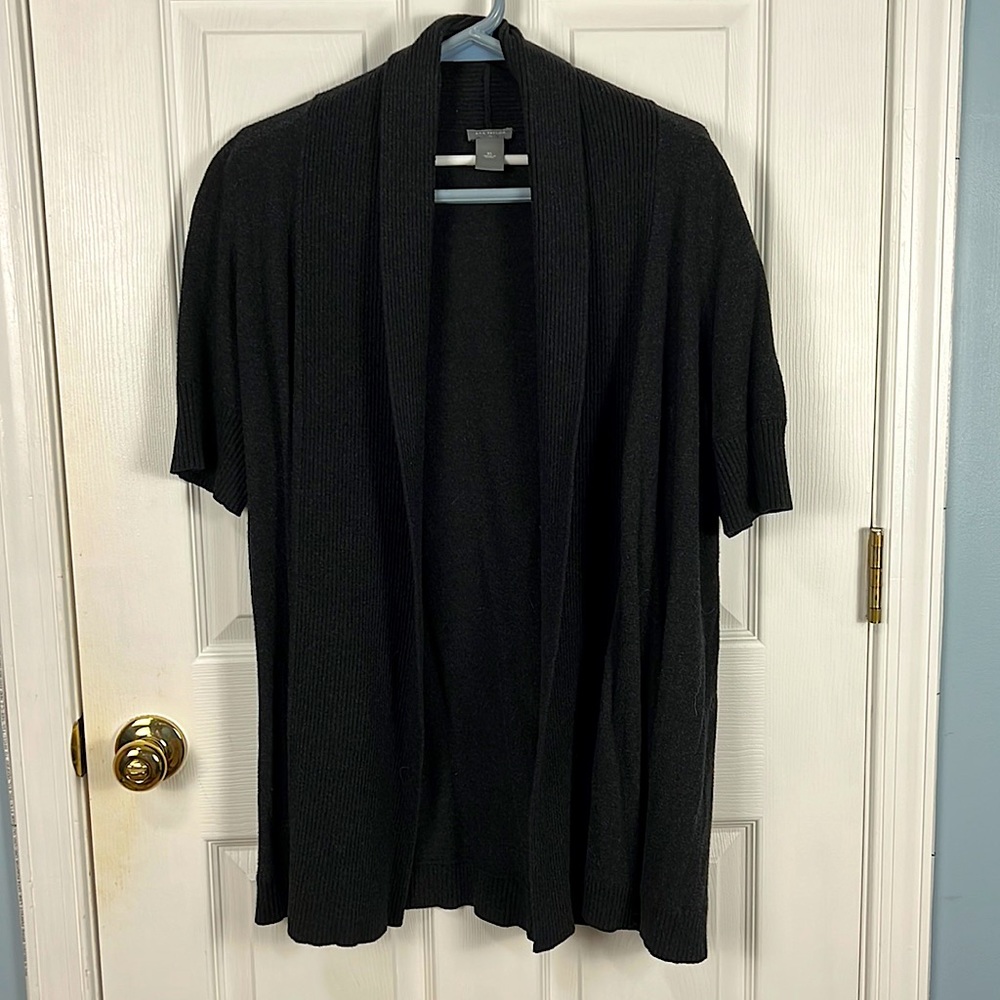 Ann Taylor XL Ribbed Collar Cardigan Duster Charcoal Gray/Black Short Sleeves